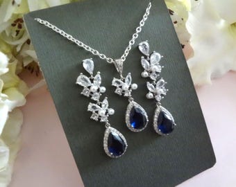Sapphire Pearl Cluster Necklace Earrings Set: Navy Teardrop, Blue Bridal Wedding Jewelry For Bride