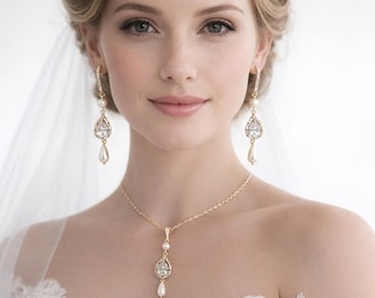 Crystal and Teardrop Pearl Bridal Jewelry Set: Wedding Necklace and Earrings Bride, Baguette CZ