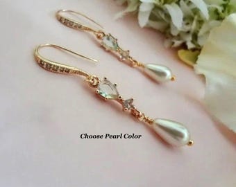 Light Blue Crystal Pearl Teardrop Wedding Earrings for Brides | Something Blue Bridal Earrings | Pearl Drop Earring | Aqua Pale Blue Jewelry