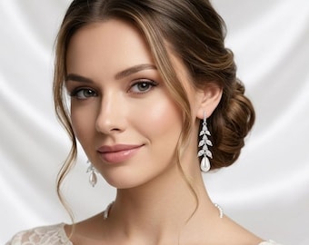 Pearl Teardrop Earrings, Crystal Cluster Leaf Vine, Diamond Bridal Jewelry, Wedding Day Earring Bride