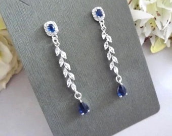 Sapphire Teardrop Earrings, CZ Leaf Vine Bridal Jewelry, Wedding Accessories Brides, Clip Ons Available