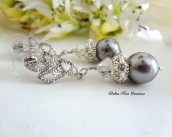 Gray Pearl Earrings for Mother of the Bride Pearl and Crystal Bridal Earrings Dark Grey Wedding Jewelry for Mother of the Groom Gift