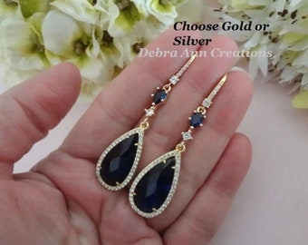 Sapphire Crystal Teardrop Earrings Long, Gold or Silver, Dark Blue Bridal Wedding Jewelry