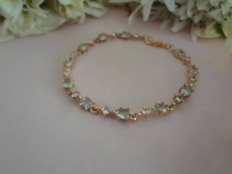 Light Blue Crystal Bridal Bracelet Gold Tennis Bracelet Dusty Pale Blue Wedding Bracelet for Bride Something Blue Wedding Jewelry Aqua Blue image 3