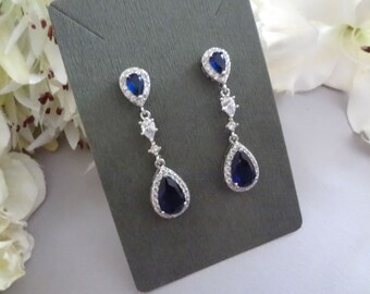 Sapphire Teardrop Dangle Wedding Earrings, Chandelier Style, CZ Bridal Jewelry Dark Navy Blue