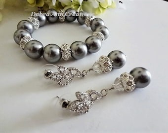 Grey Pearl Bracelet and Earrings Gray Pearl Jewelry Set Bridal Jewelry Set Grey Wedding Jewelry For Mother of the Bride Gift Bracelet Set