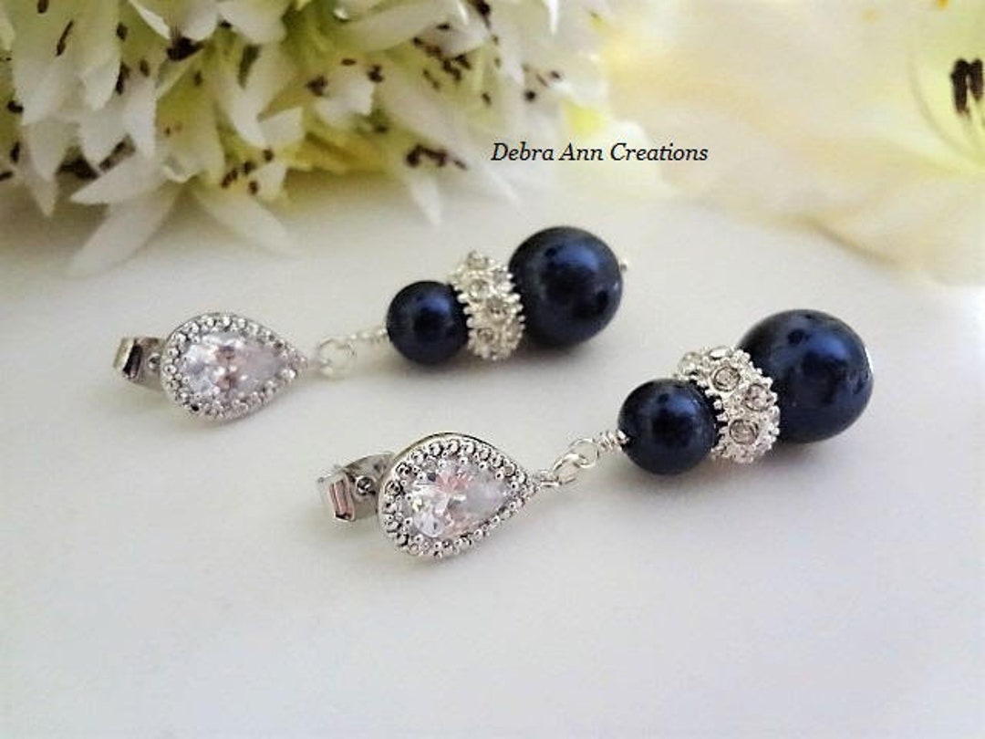Navy Pearl Earrings Pearl Drop Wedding Earrings Bridal Etsy