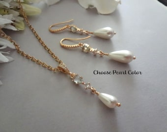 Light Blue and Pearl Necklace Earrings Set: Crystal Teardrop Bridal Wedding Jewelry Bride