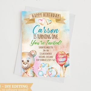 Invito di compleanno acquerello DIGITAL Baby Bear, primo compleanno, stampabile, digitale, modello, download immediato 5x7