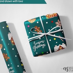 Seasons Greetings Gingerbread House Wrapping Paper, Christmas Wrapping Paper, Gift Paper Roll