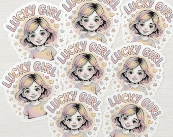 Sticker Lucky Girl | Pastelkleurige manifestatie, bedelsymbolen