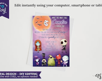 Nightmare Birthday Invitation, Watercolor Spooky Style (Editable Digital)