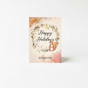 Holiday Squirrel Greeting Card, Autumn Floral Wreath (5x7 Editable)
