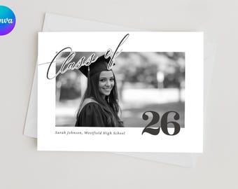 Tarjeta de anuncio de graduación minimalista con foto (Clase de 2026) (Plantilla de Canva)