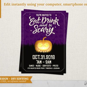 May include: Halloween party invitation with a purple and black design. The invitation reads "Eat, Drink, and be Scary" with a glowing pumpkin illustration. The date is October 31, 2018, with event details.