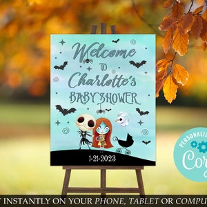 DIGITAL Blue Watercolor Nightmare Welcome Sign, Jack, Sally, Zero, printable, digital, template, welcome sign, signage, INSTANT Download
