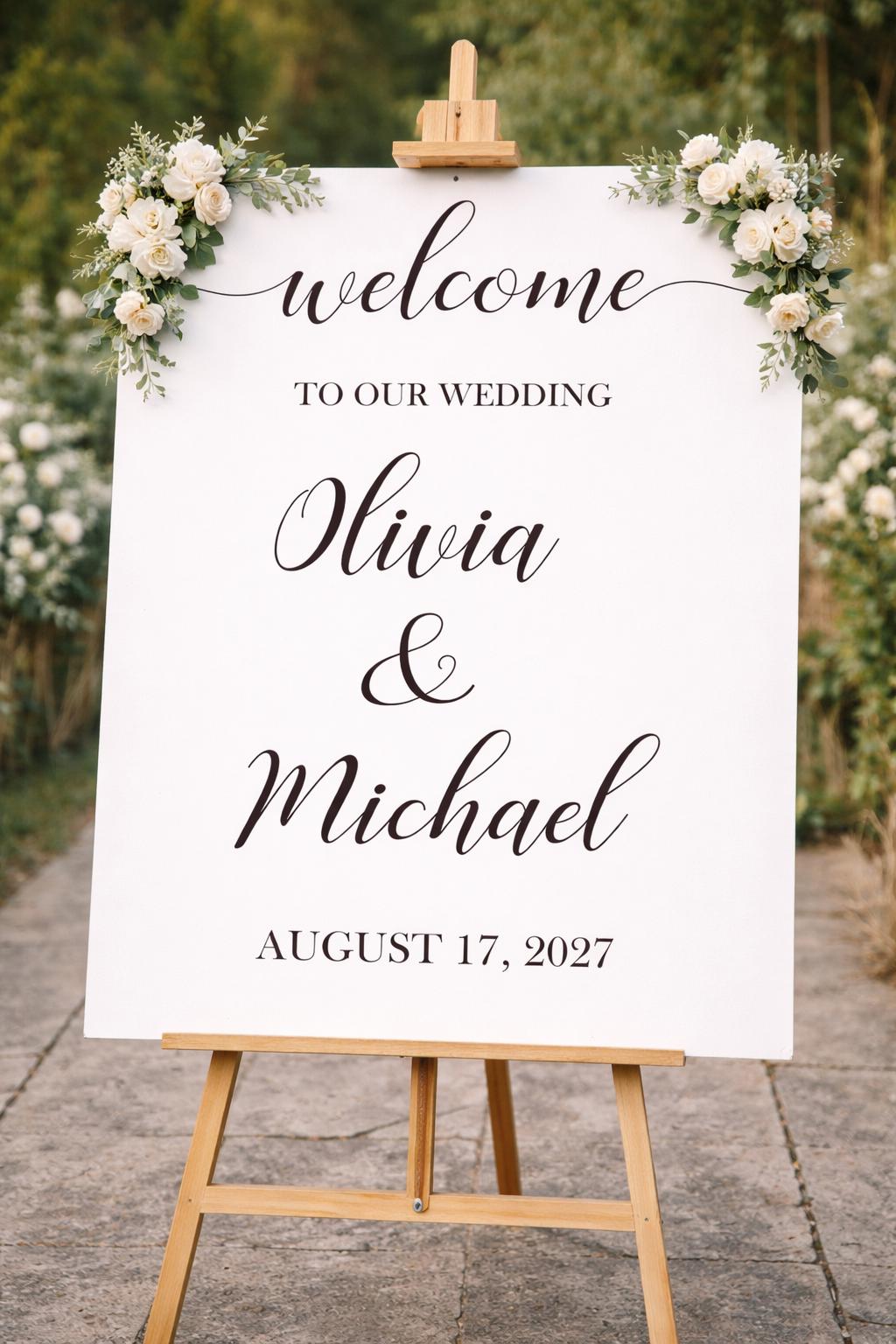 May include: A white wedding welcome sign on a wooden easel, decorated with floral arrangements. The sign says "welcome" and "Olivia & Michael" with the date August 17, 2027.