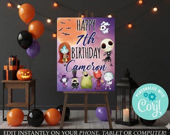 Plantilla de cartel de cumpleaños de pesadilla: Diseño editable de Jack y Sally