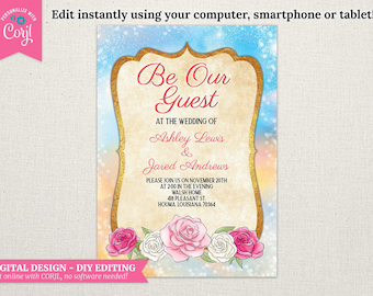 Invitación de boda con rosas elegantes: Sé nuestro invitado (Diseño digital)
