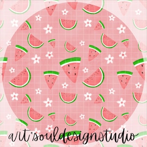 May include: A pink background with a grid pattern and a repeating pattern of watermelon slices and white flowers. The text "art'souldesignstudio" is at the bottom.