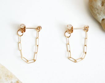 Gold Chain Hoop Stud Earrings, Simple Hoop Earrings, 14K Gold Filled Earrings