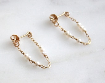 Pearl Chain Hoop Stud Earrings, Tiny Freshwater Pearls, Hypoallergenic 14K Gold Filled Earrings