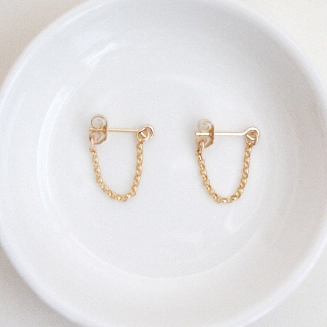 Gold Rolo Chain Hoop Stud Earrings Short, Simple Hoop Earrings