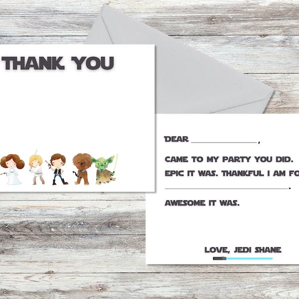 Star Wars Inspired Birthday Thank You Card | Kids Fill in the Blank | Star Wars Stationary | Star Wars Party | Jedi Birthday