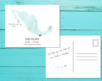 Watercolor Mexico Map Save the Date Postcard (Digital Download)