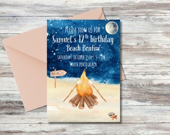 Beach Bonfire Birthday Invitation | Editable | S'mores Campfire Party (Digital Download)