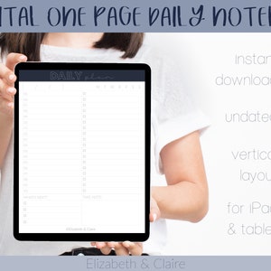 May include: A digital daily planner on a tablet screen. The planner has a simple design with a black header that says "DAILY planner" and a grid of boxes for each hour of the day. The planner is undated and has a vertical layout. The text "Elizabeth & Claire" is at the bottom of the screen.