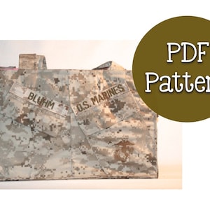 May include: A digital PDF pattern for a camouflage tote bag with the text "U.S. Marines" and "BLUHм" on the front.