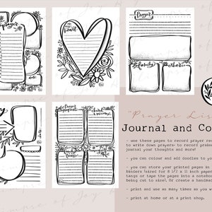 May include: Printable prayer journal pages with floral designs. The pages include sections for prayer requests, church and missions, family, and others. The text "Prayer Lists Journal and Colour" is at the bottom of the page.