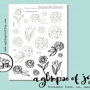 Printable_Modern Winter Florals/Faith Journaling/Bible Journaling/Florals/Roses/Make Your Own Stickers/PDF/Downloadable Art/Journal Ephemera