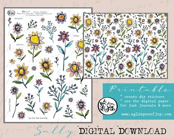 Floral Themed Printable DIY Stickers and Digital Paper Set: Sally. This Instant Download Set is ideal for Art Journaling, Bible Art and More