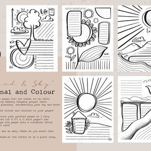 May include: Black and white printable journal pages with illustrations of a tree, sun, clouds, mountains, and a bird. The pages are designed for journaling, note-taking, and doodling. The text "Land & Sky" and "Journal and Colour" is included on the page.