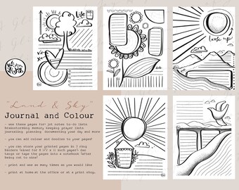 Land & Sky: Journal and Colour/Creative Worksheets for you to create lists, brainstorm, plan, journal and you can colour the pages too!/PDF