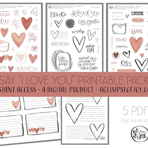 Diga eu te amo/Um pacote criativo de diário bíblico para impressão em formato digital/Faça adesivos DIY com as imagens/Um vislumbre de alegria
