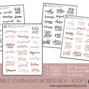 May include: A printable set of Bible journaling words in black and white and color. The words are written in a handwritten style and include phrases like "bible art", "worthy", "holy", "dig deep", "treasure", "reference", "worship", "verse", "study", "God's glory", "pour out", "Jesus Christ", "pray", "new creation", "son of God", "heaven", "praise", "abide", "sovereign", "honor", "respect", "King of Kings", "memorize", "on my heart", "this", "highlight", "remember", "dive in", "dream journal", "journal", "challenge", "spotlight", "journaling", "remember".