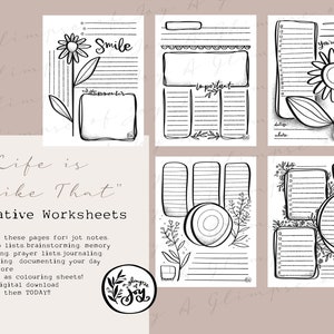 May include: Black and white printable worksheets with floral designs and lined spaces for writing. The text "Life is Like That" and "Creative Worksheets" is included.
