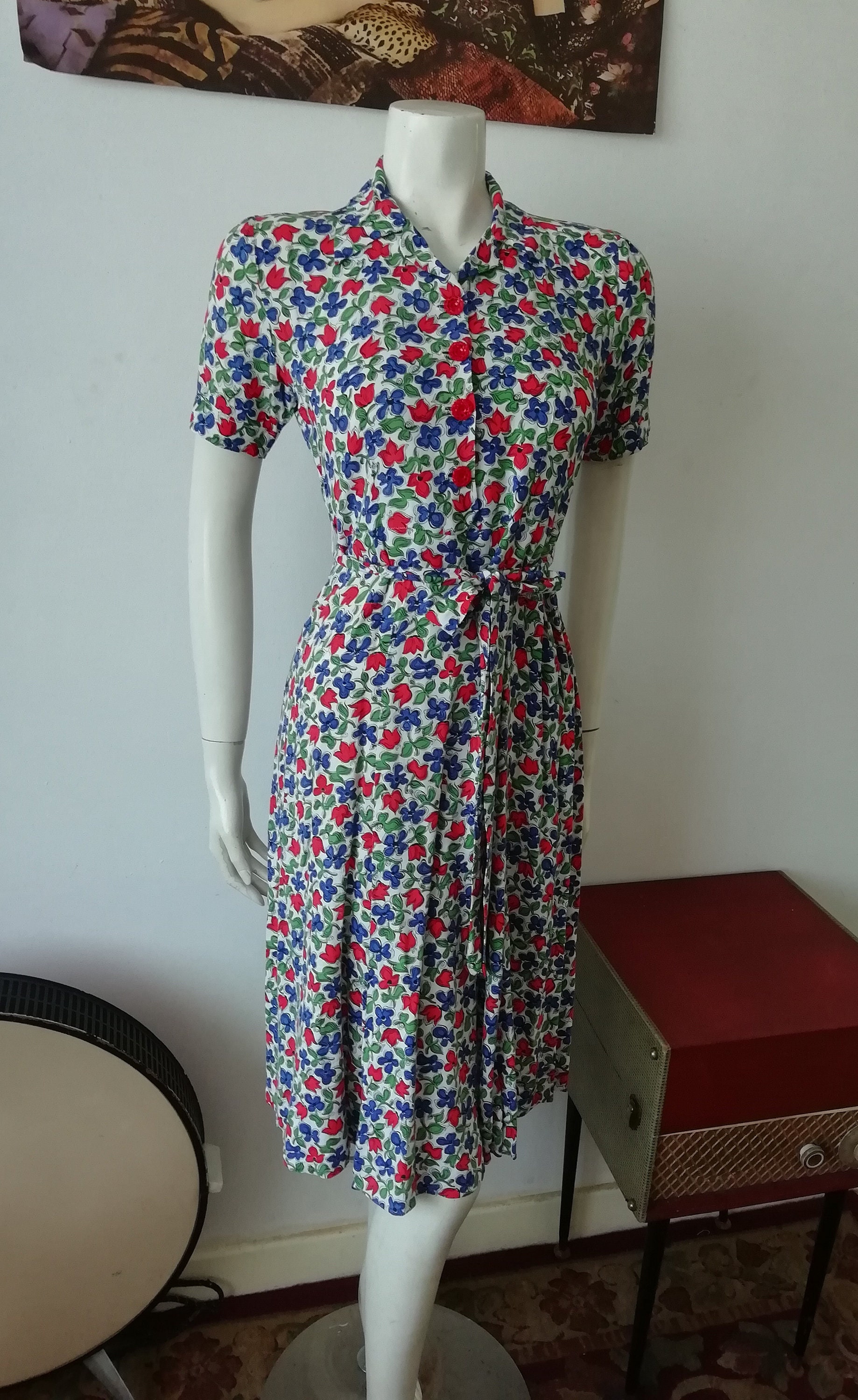 Original 1940's Soft Cotton Tea Dress In Red And Blue Floral Print