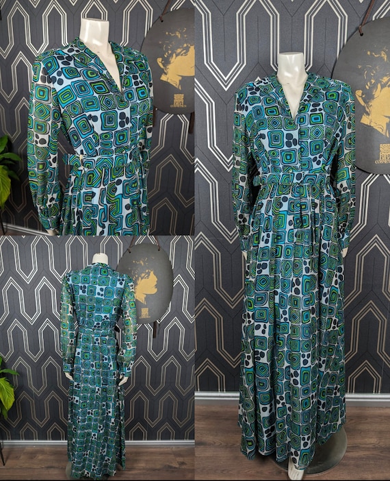 Original 1970's Blue & Green Geometric Print Maxi dress - Great Condition - Only 65 Pounds!