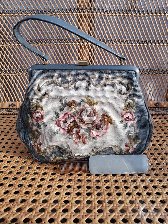 Original 1960's Grey Leather & Tapestry Handbag - Great Condition - Only 65 Pounds!