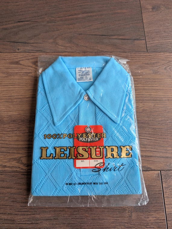 Deadstock 1970's Cuckoo Boys Baby Blue Summer Polyester Waffle Shirts ( Age 6 )