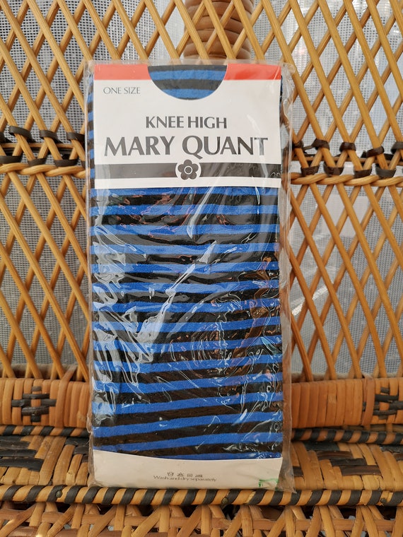 Deadstock Original 1980's Mary Quant Blue black Striped Design Knee High Tights - Mint Unused Condition - Only 8 pounds!