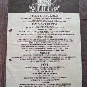 May include: A vintage BIBA brand henna for painting and hair dye instruction sheet. The sheet is printed on white paper with black text and includes instructions on how to use the henna, how to make the sauce, and warnings about using henna.
