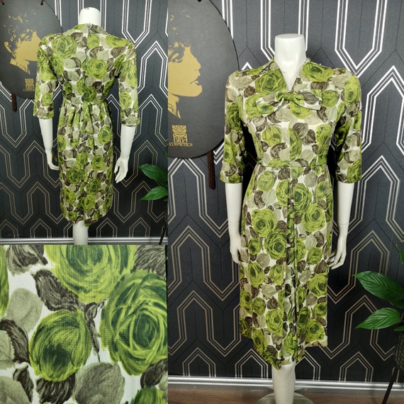 Original 1960's Green Abstract Floral Print Midi Dress - Good Condition - Only 35 Pounds!