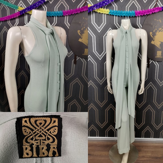 Original 1968 Biba Duck Egg Blue Moss Crepe Pant Suit - Good Condition - Only 495 Pounds!