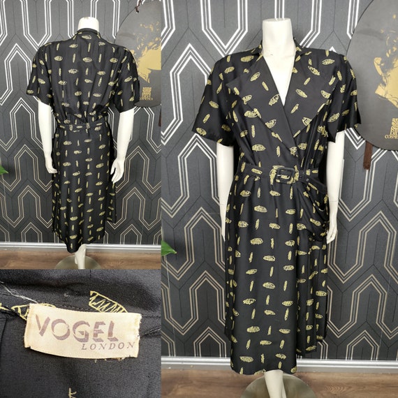 Original Late 1940's Early 1950's Black & Yellow Abstract Print Vogel Dress - Great Condition - Only 75 Pounds!