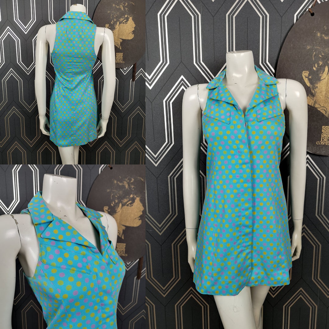 Rare Original 1966 Biba Polkadot Blue Drill Cotton Mini Dress Good